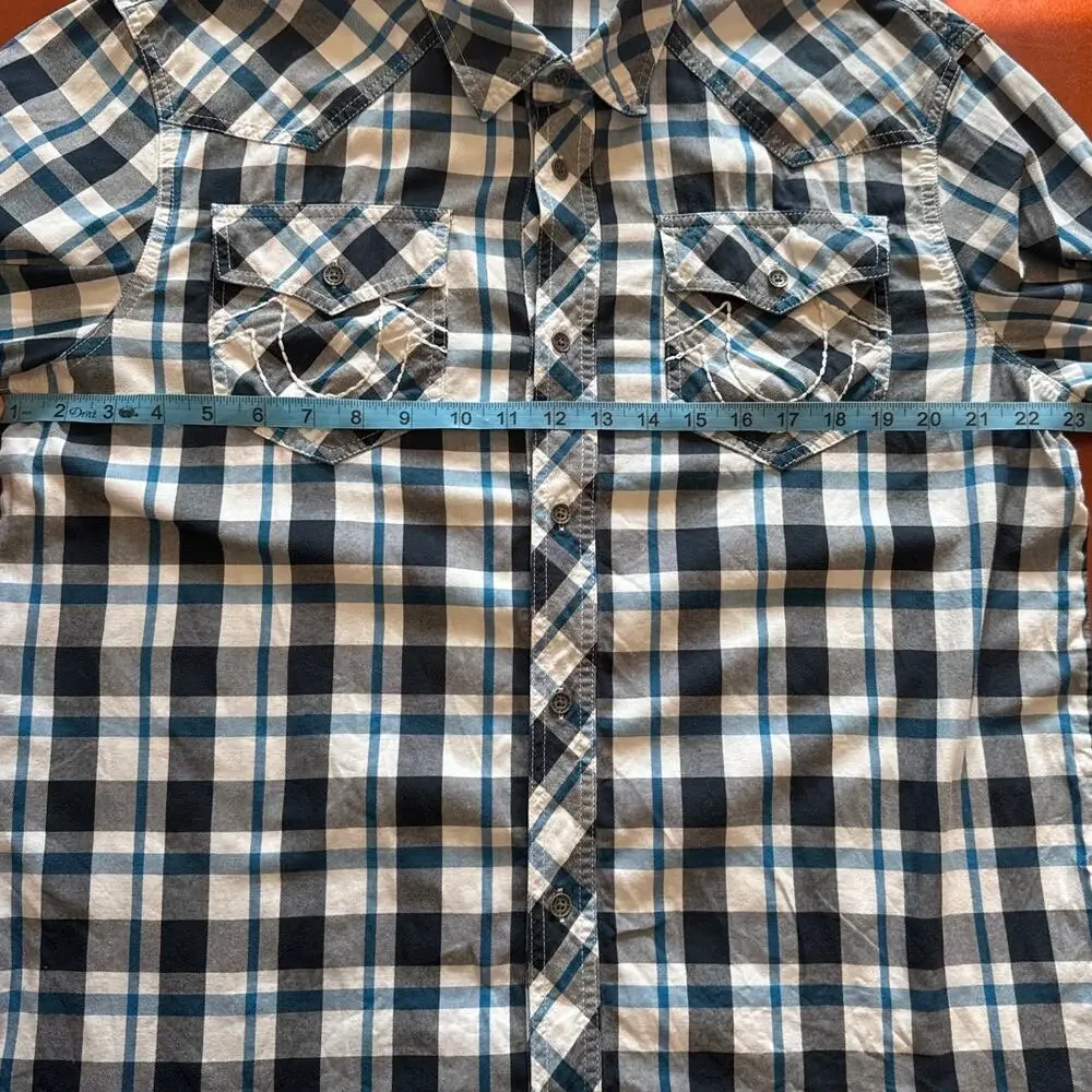 True Religion Long Sleeve Western Button Up Shirt Blue Checked Mens Large